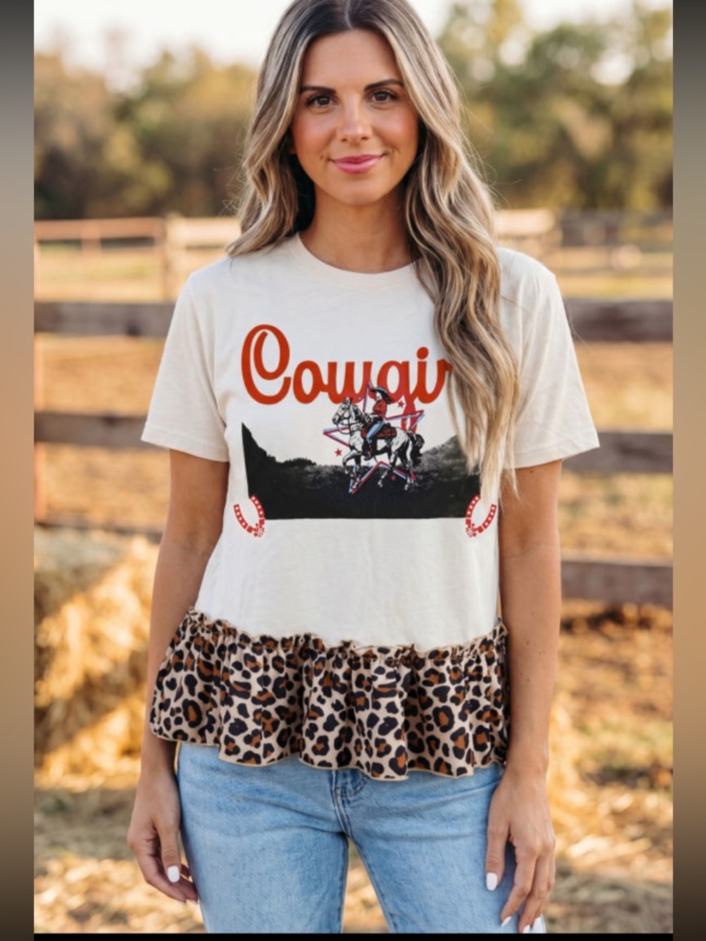 1211. Retro cotton Cowgirl leopard print ruffle trim short sleeve T-Shirt